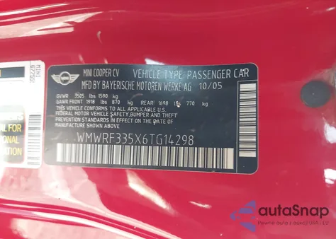 2006 Mini Cooper из США, поврежденный, VIN WMWRF335X6TG14298